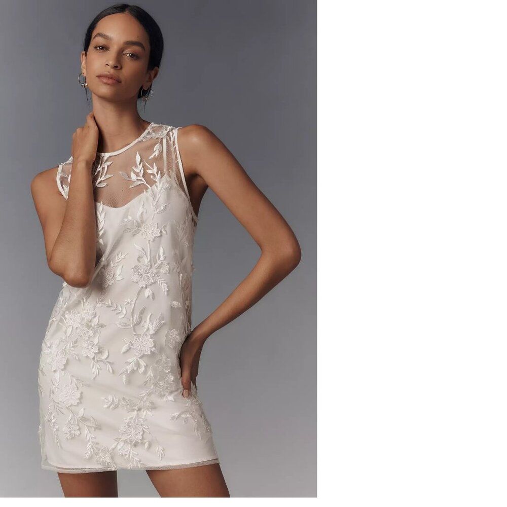 Anthropologie Flat White Sheer Embroidered Mini Dress Size L White NWT